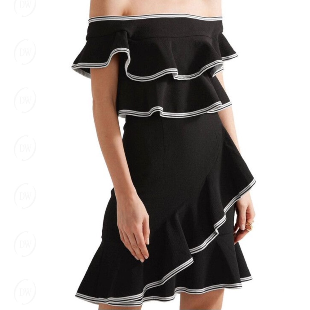 Rebecca Vallance Black Off-Shoulder Ruffle Dress with White Trim